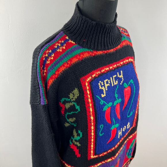 VINTAGE Karen Scott HandKnit SPICY HOT Black Long Sleeve Mock Pullover Sweater L - Picture 5 of 9